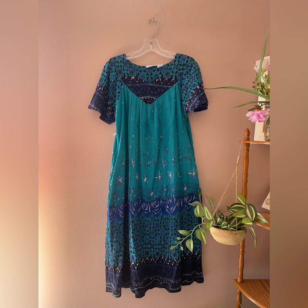 Vintage Blue Abstract Print Mumu/ Kaftan/ House Dress